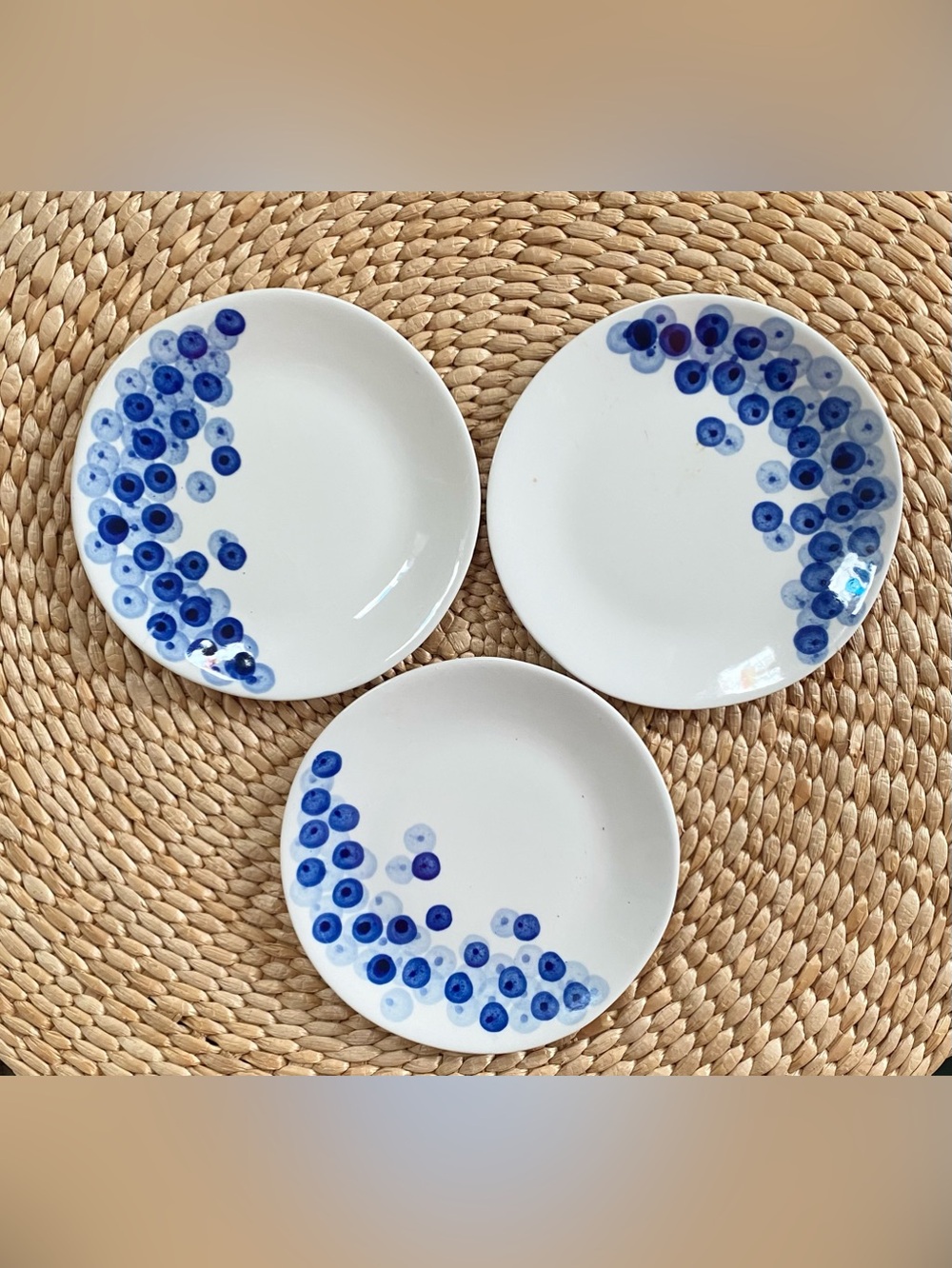 3 Crate & Barrel Rika Blueberry Watercolor Dots Blue White Plates Discontinued